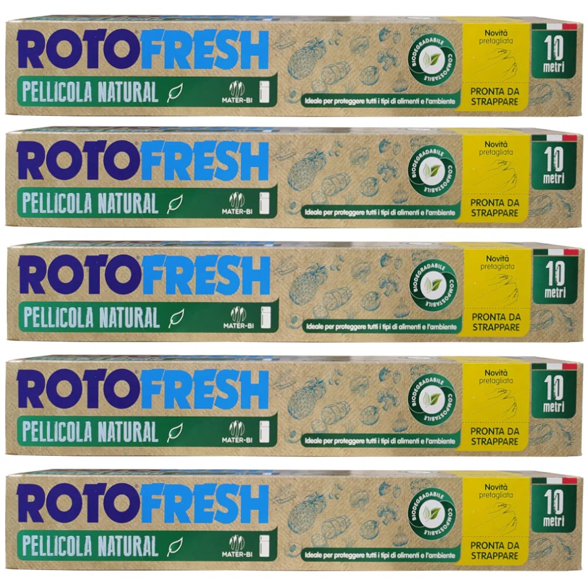 Pellicola Cucina Alimenti BIODEGRADABILE e Compostabile, 5x10 MT, 100% ITALIANA, Film Trasparente Alimentare Estensibile, Accessori Cucina Ecologici