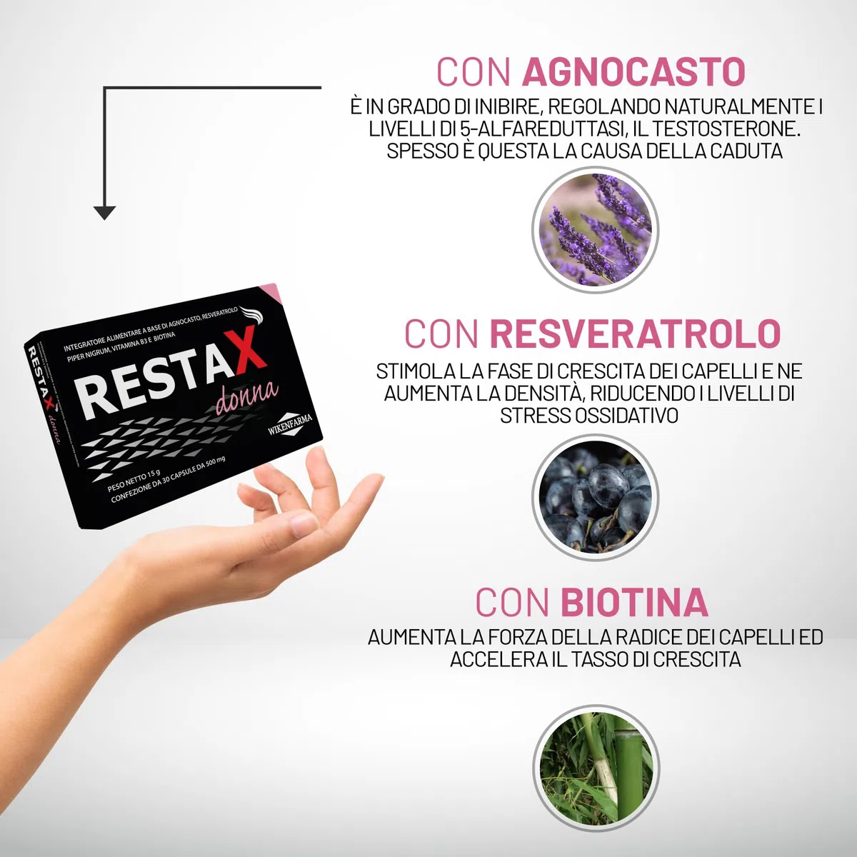 RestaX Donna integratore specifico per alopecia androgenetica femminile in età fertile con Agnocasto, Resveratrolo, Biotina. Con progestinico che riduce caduta e stimola la ricrescita nelle donne
