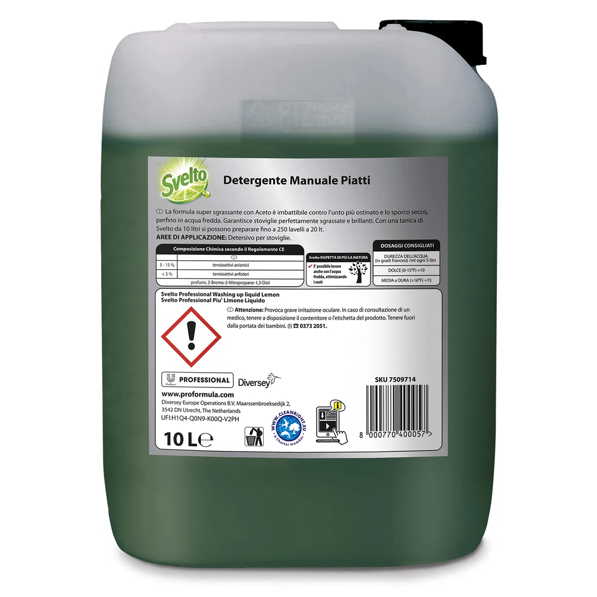 Svelto Professional Detergente Manuale Piatti Detersivo Liquido Sgrassante Pro Formula Profumo Limone - Tanica da 10L