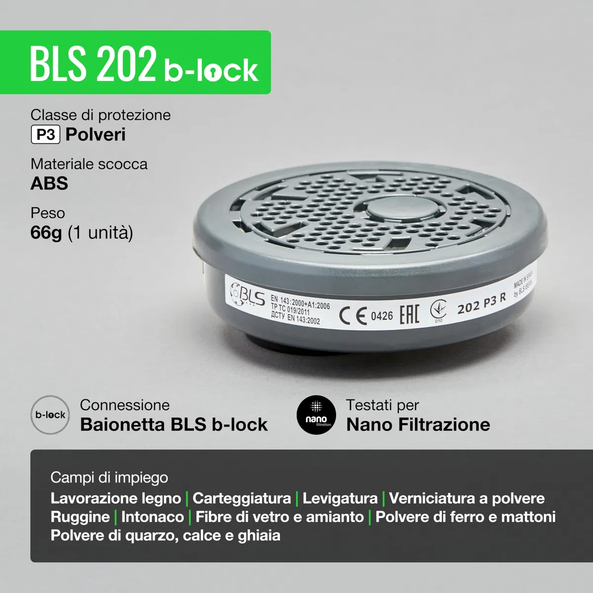 BLS 202 P3 R D Filtri Sostituibili con Attacco a Baionetta b-lock, Compatibili con Semimaschere e Maschere Intere BLS. Per Polveri, Falegnameria, Edilizia, Saldatura e Fai da Te