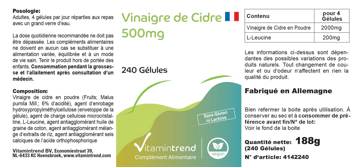 Vitamintrend Aceto di mele 500 mg, 240 capsule, 2000 mg di polvere di aceto di mele per dose giornaliera, integratore alimentare vegano senza magnesio stearato, prodotto in Germania