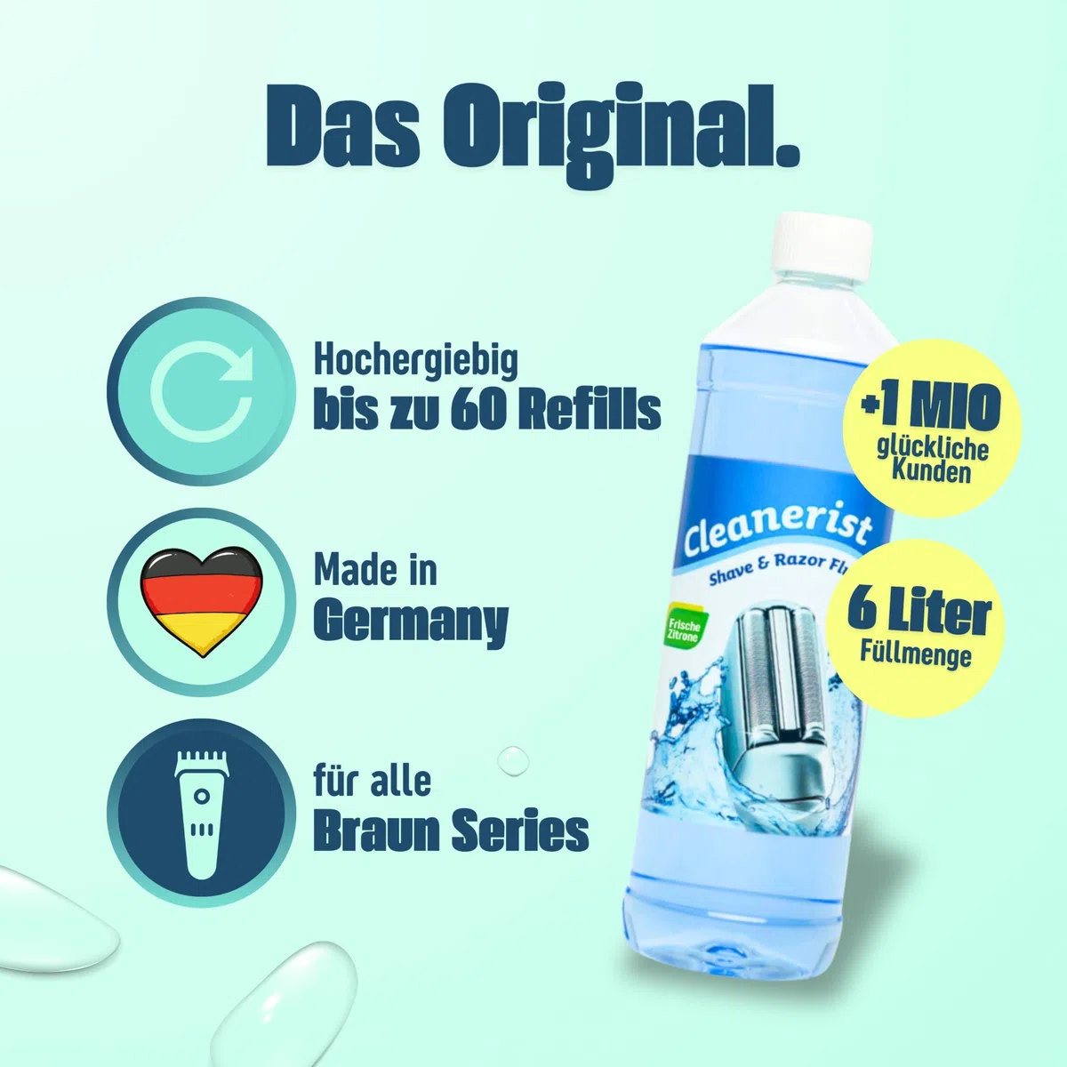Cleanerist | 6 X 1L Pulitore per testina di rasatura Liquido di ricarica per Braun Clean & Renew (Series 3/5/7/8/9) – Ricambio per ricarica di 60 cartucce di pulizia CCR – Rasoio liquido detergente
