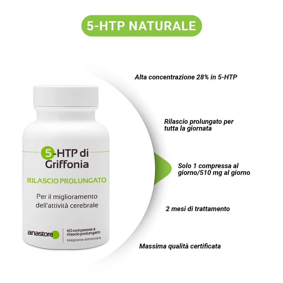 5-HTP di Griffonia * 510 mg / 60 compresse * origine naturale a rilascio prolungato * equilibrio emotivo