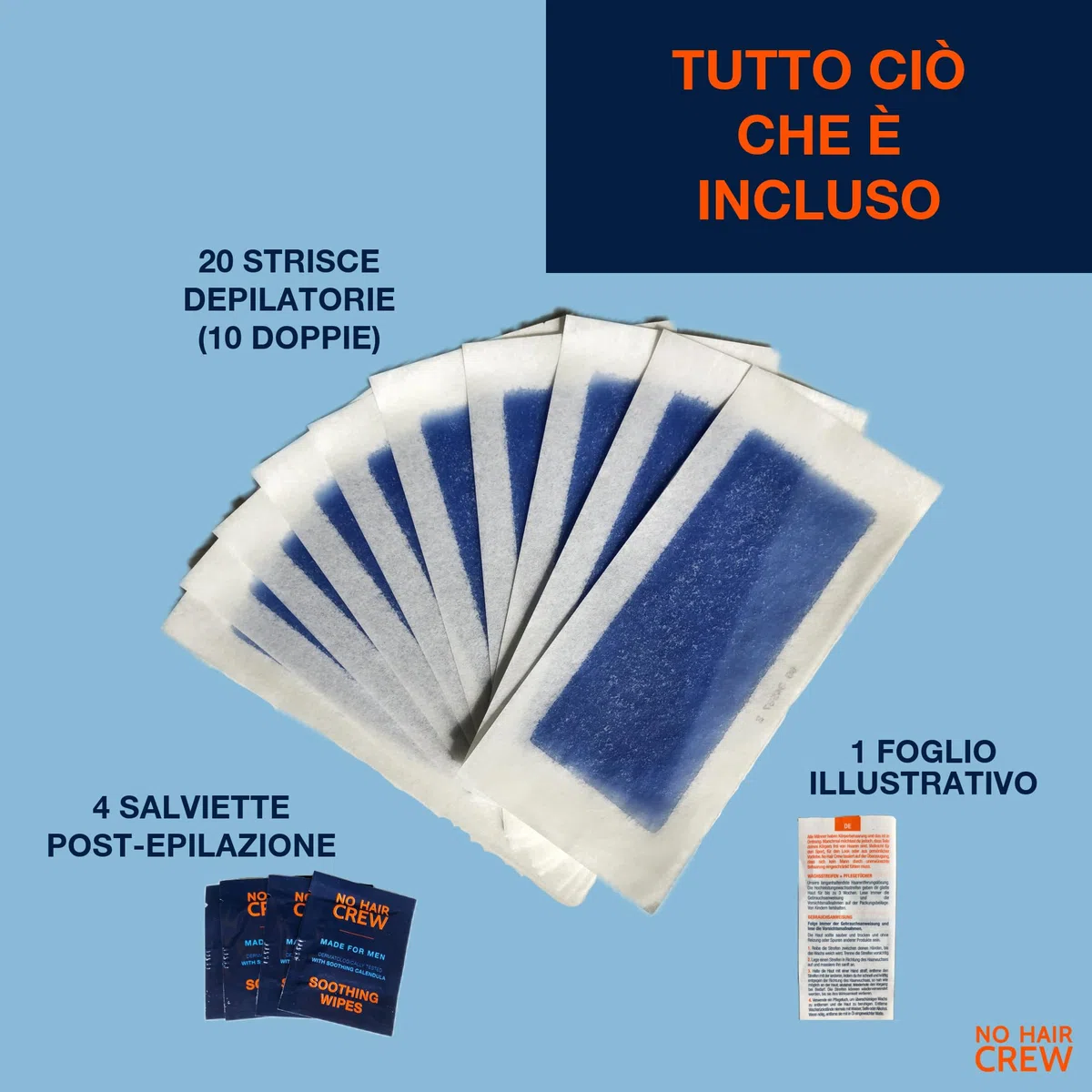 NO HAIR CREW Strisce Depilatorie Corpo Uomo Confezione da 3 (3 x 20 Strisce + Salviette Lenitive) – Depilazione a Lunga Durata