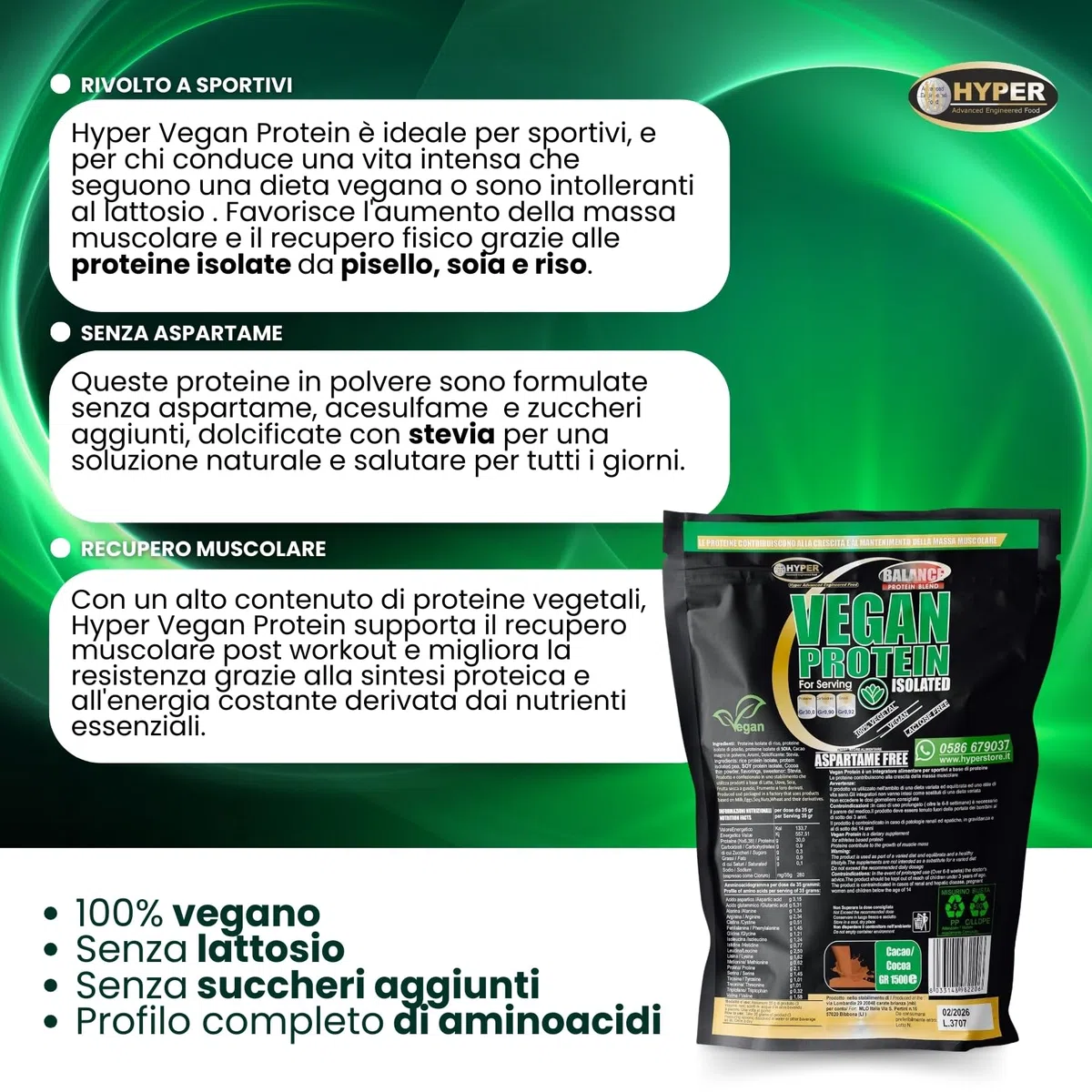 Hyper Vegan Protein 750g Cacao - Proteine in Polvere Senza Edulcoranti - Proteine in Polvere Isolate senza Glutine - Proteine in Polvere Vegane per Aumento Massa Muscolare, Favoriscono il Recupero