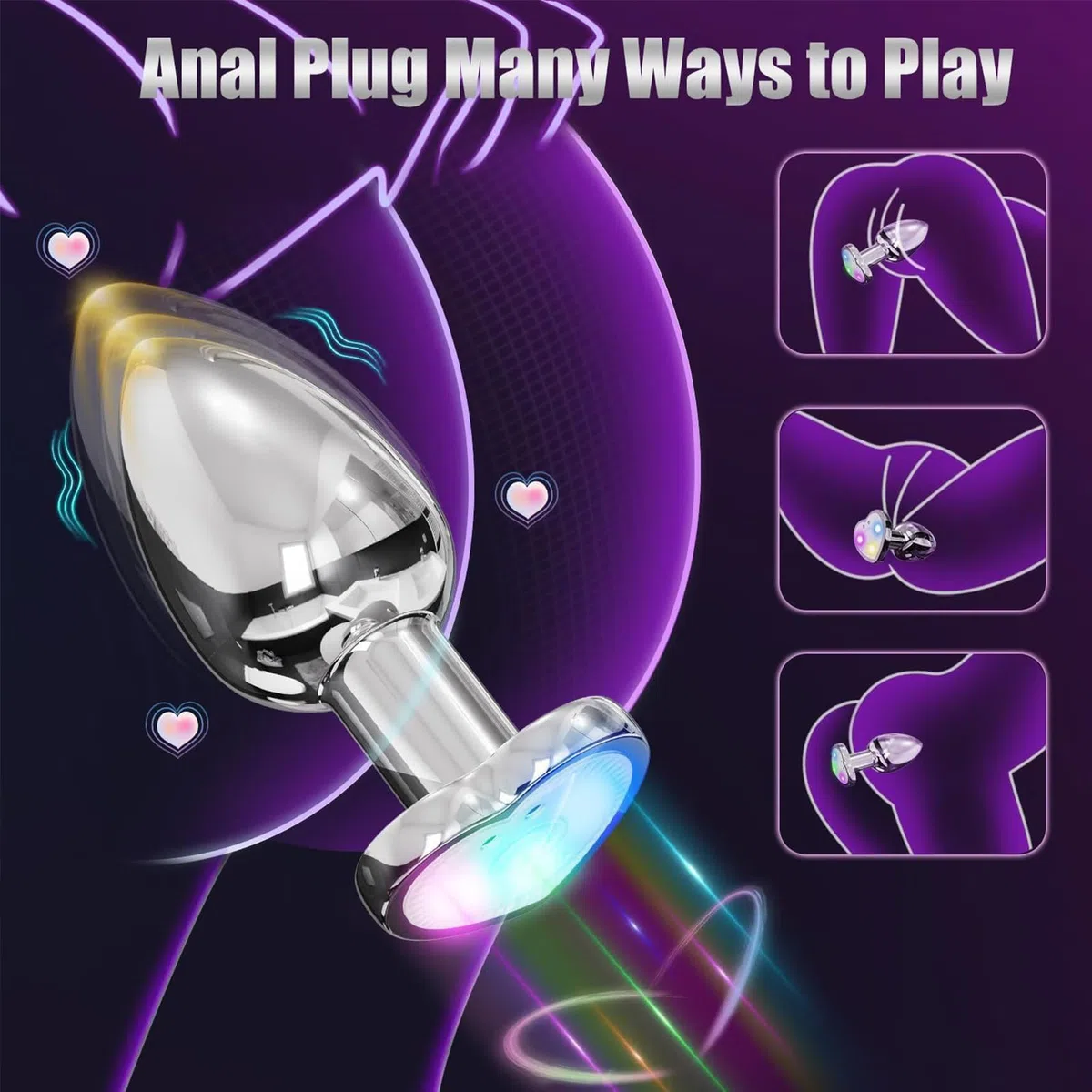 AMAZBEE Plug anale vibrante Vibratore Butt Plug per donne uomini Hearted Light Up Massaggiatore della prostata con telecomando Giocattoli sessuali elettrici in acciaio inox (S)