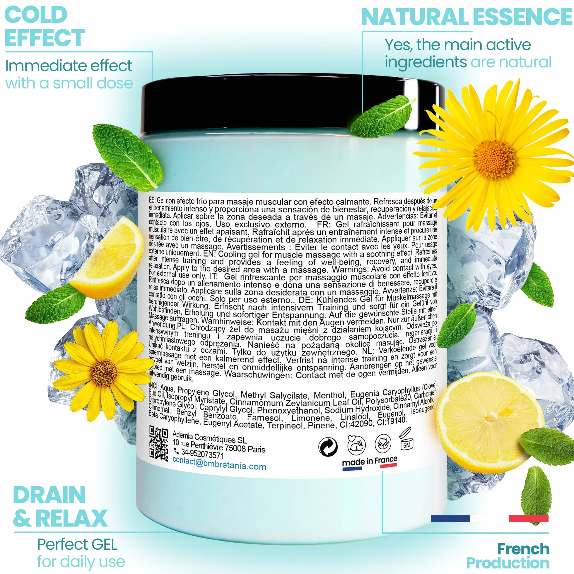 bleu & marine Bretania - Gel Crema Rinfrescante 1000 ml | Allevia Gambe Pesanti | Combatte Cellulite | Effetto Ghiaccio | Drenante e Riducente | Idratante, Clear, 1L