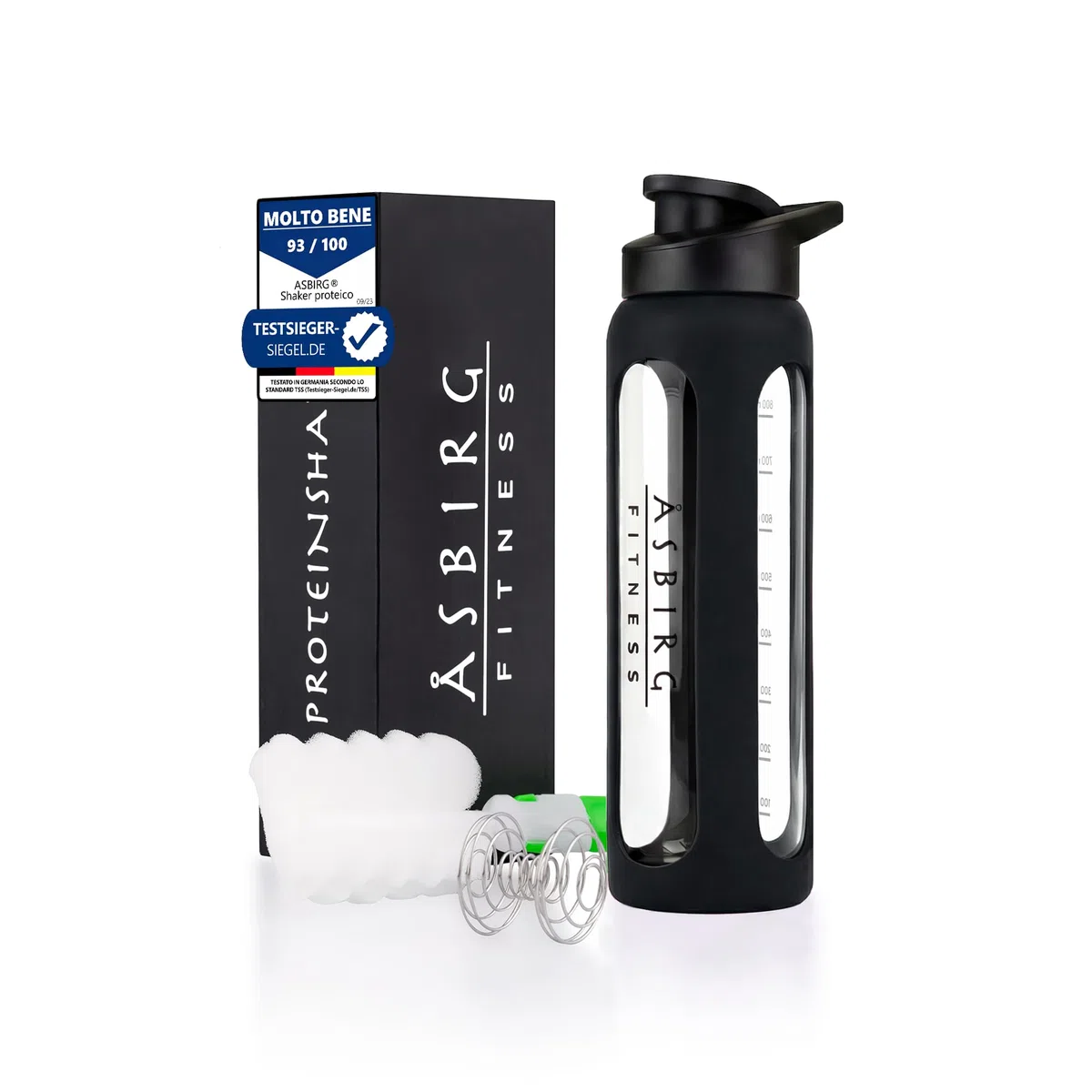 Shaker per proteine in vetro, 1000 ml, senza BPA, a prova di perdite e robusti, shaker per proteine con mixball in vetro borosilicato, borraccia per fitness e sport, colore nero