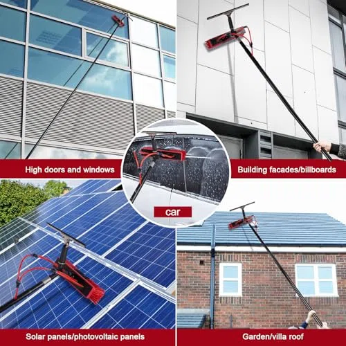 Kit de cepillo de limpieza de ventanas con poste de 9 m, cepillo alimentado por agua, dispensador de jabón y manguera de 20 m, ideal para paneles solares, limpiador de aluminio de 55 cm