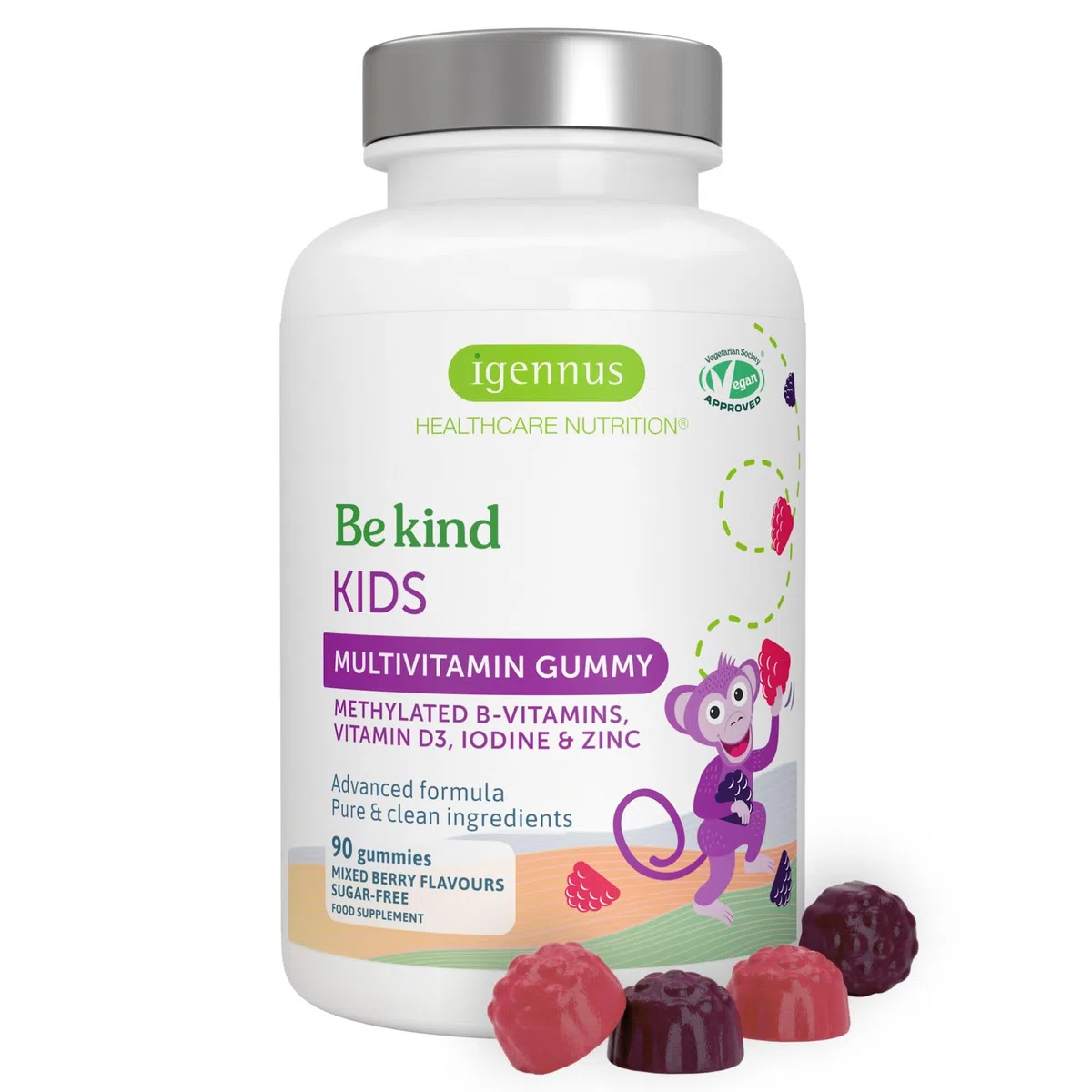 Multivitaminico Metilato per Bambini Età 4+, Vitamine Gommose Senza Zucchero con Vitamine B Biodisponibili e Vitamina D, Ingredienti Puri e Testasti da Terzi, 90 Caramelle ai Frutti di Bosco, Igennus