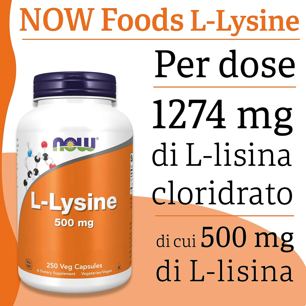 Now Foods, L-lisina, 500 mg, 250 capsule vegane, aminoacido