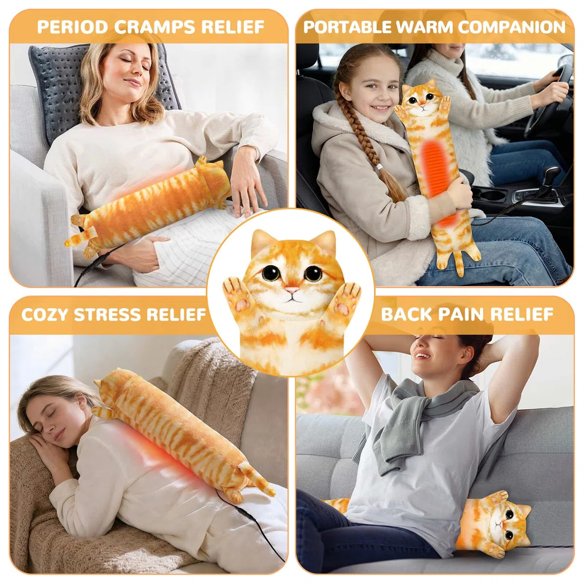 Cuscinetto riscaldante per gatti per crampi mestruali, sollievo dal dolore mestruale, cuscinetti elettrici portatili alimentati tramite USB, simpatici animali di peluche, regali divertenti per donne