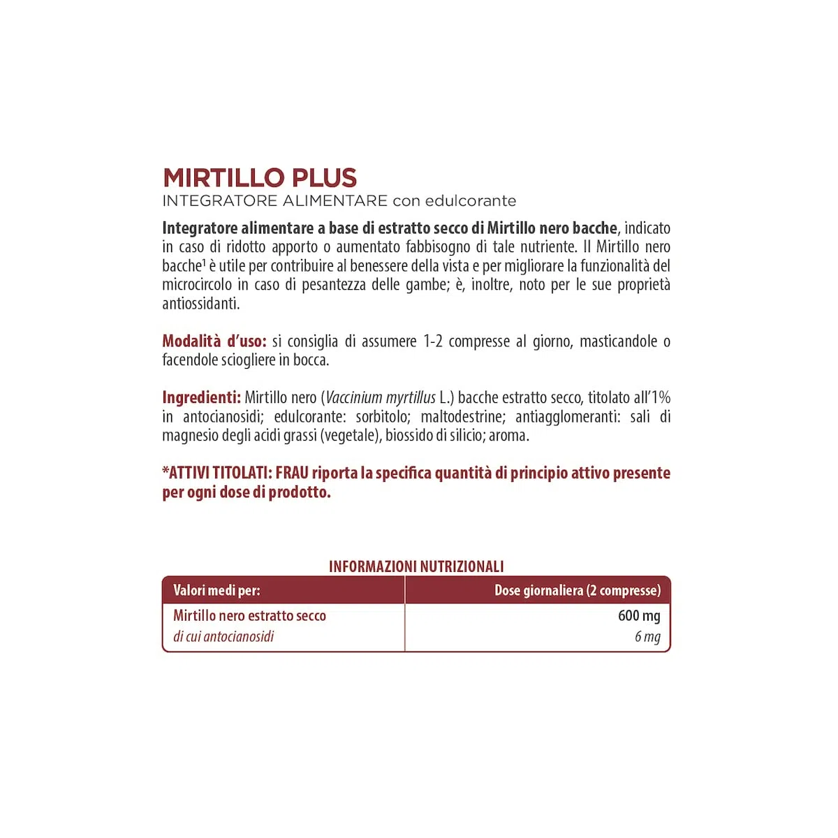 FRAU Mirtillo Plus, Integratore Microcircolo A Base Di Estratto Secco Di Mirtillo Nero, 4 Confezioni x 30 Compresse Masticabili, Gambe Pesanti E Benessere Della Vista, Senza Glutine