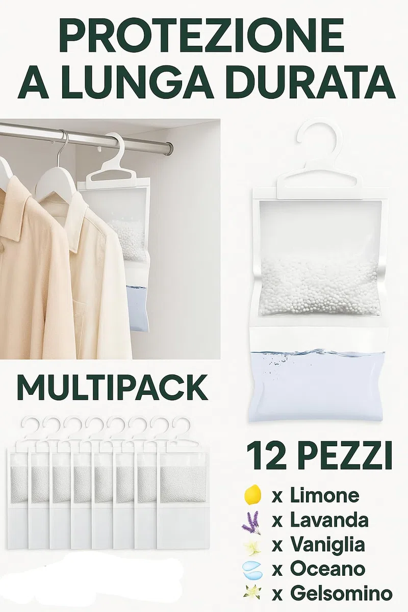 Deumidificatore Casa Profumato – Set da 12 Sacchetti Assorbi Umidità Armadio Appendibili 500ml | Antimuffa per Armadi, Cassetti, Camper Profumatori per Ambienti Chiusi – 6 Fragranze