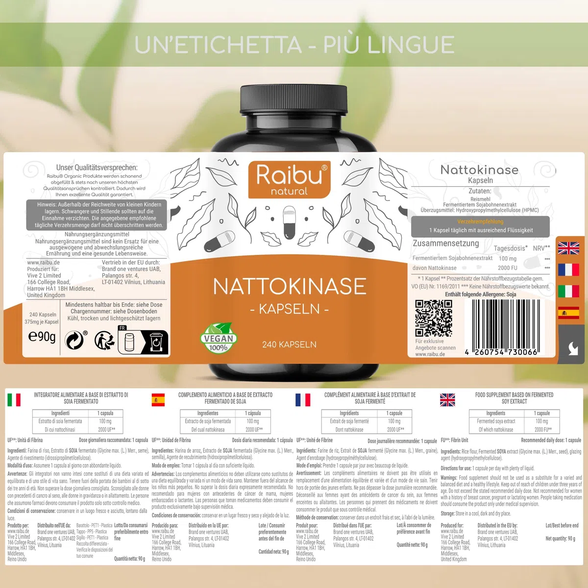 Raibu Nattokinase - Alto Dosaggio 100 mg (Nattokinase 20.000 FU/g) - Natto Giapponese da Soia, 8 Mesi di Fornitura - 240 Capsule, Testato in Laboratorio e Vegano - Senza Additivi