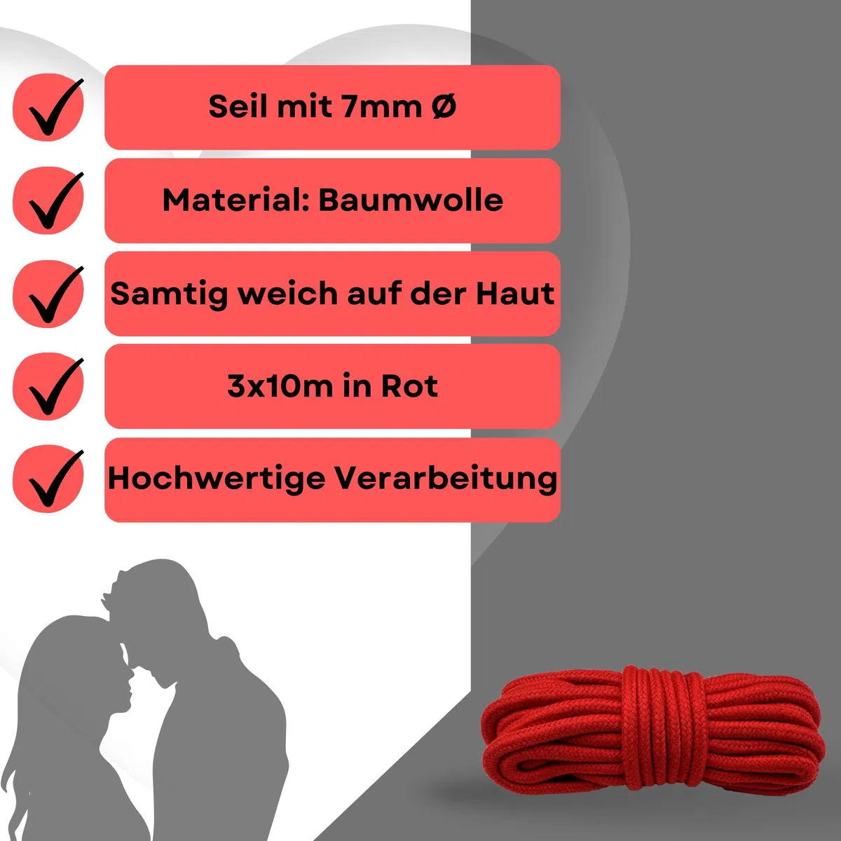 Set di corde per bondage 3 x 10m in rosso in cotone, morbide ed elastiche - Lovelyness