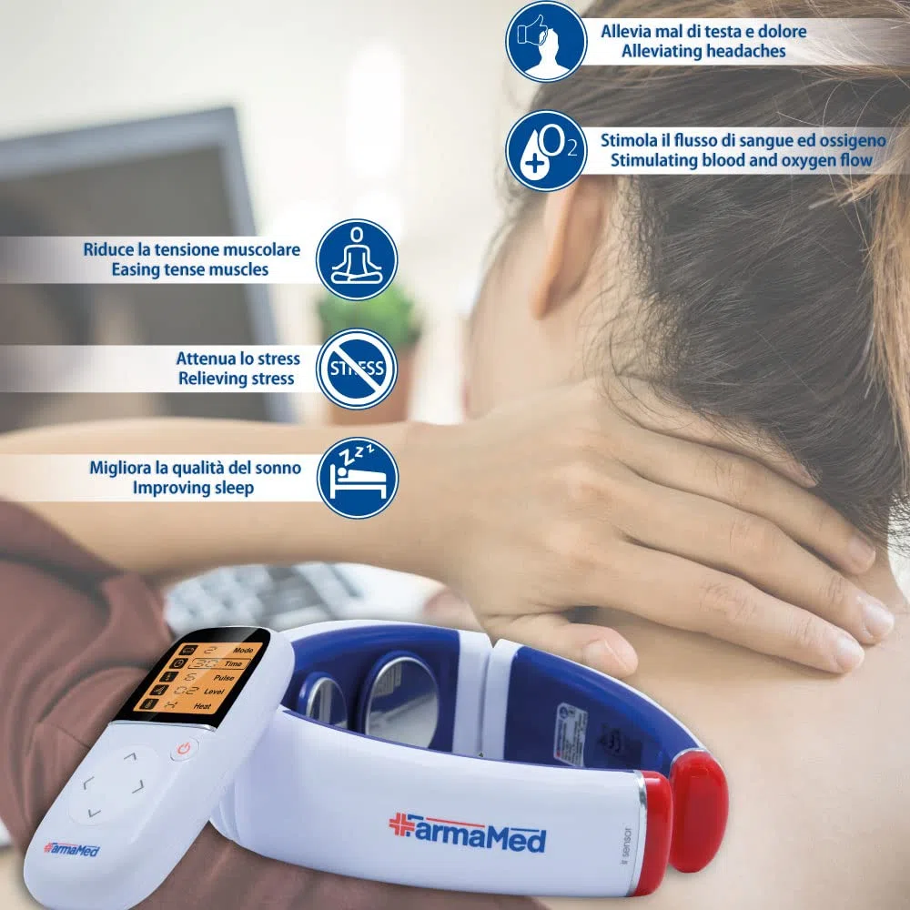 FARMAMED Elettrostimolatore collo, Terapia con calore per dolori muscolari, Elettrostimolatore cervicale multifunzione con telecomando wireless con display LCD