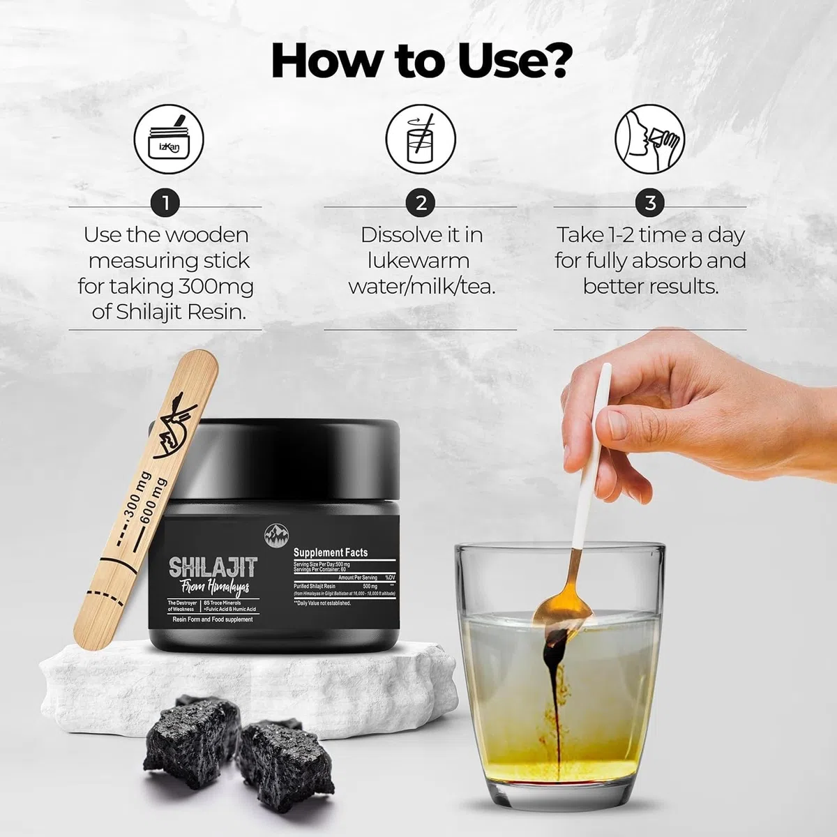 Pure Shilajit Himalayan Shilajit - 600 mg 100% naturale biologico Shilajit con 85+ tracce di minerali e acido fulvico per energia, forza e immunità, 30 grammi (1 x)
