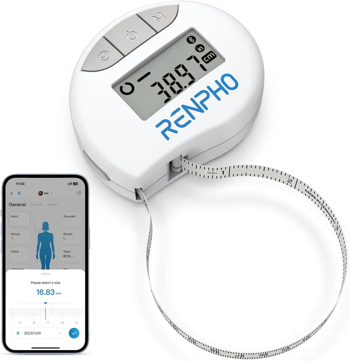RENPHO Metro a Nastro Smart per Misurazione del Corpo con App Tramite Bluetooth, per Misurare Varie Circonferenze del Corpo, Aumento Muscolare, Risultati di Fitness e Bodybuilding, in Pollici e CM