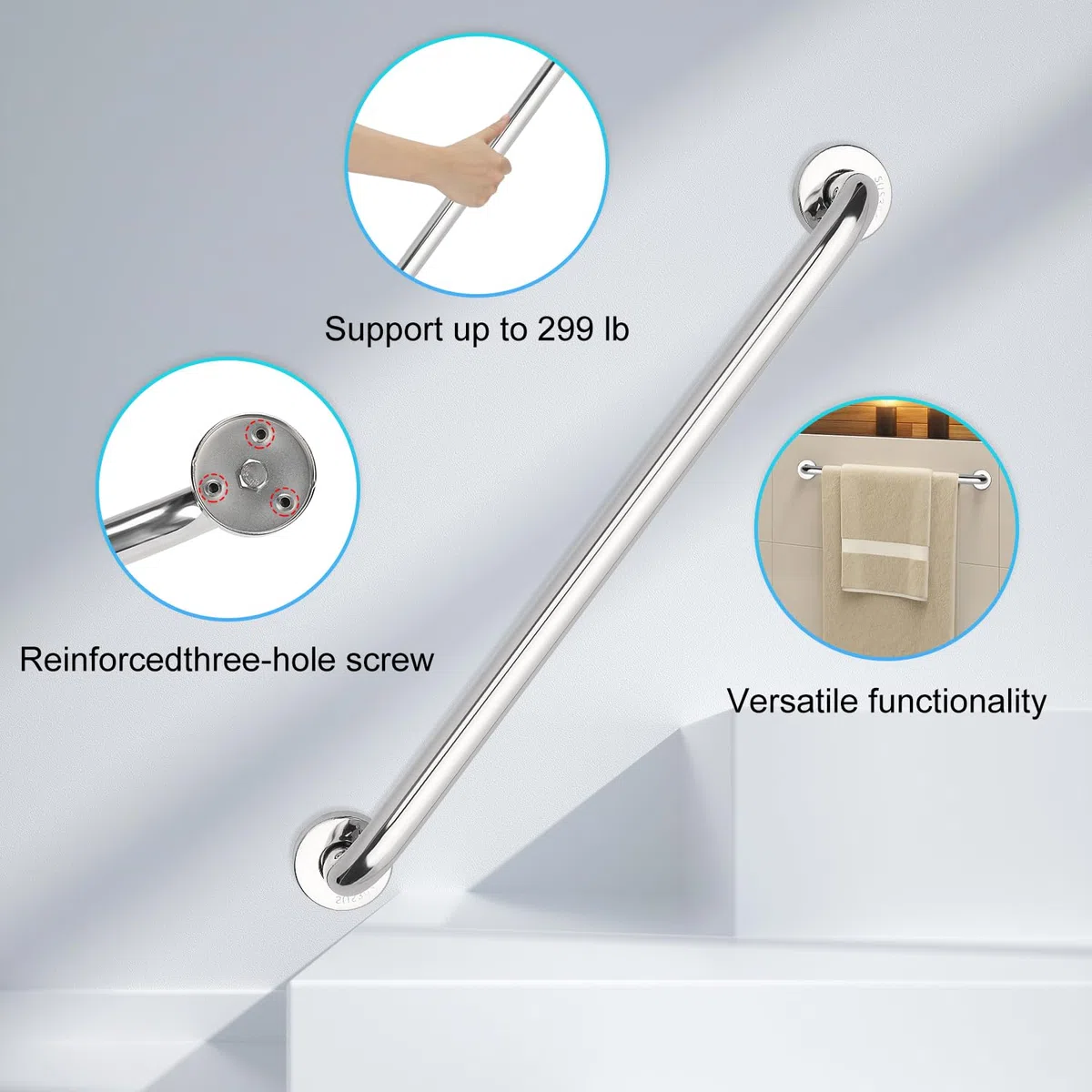 supregear Barra D'appoggio per Bagno, Maniglia in Acciaio Inossidabile 304 Barra di Sicurezza per WC Cucina Camera da Letto Vasca da Bagno, Montaggio a Parete con Viti Nascoste