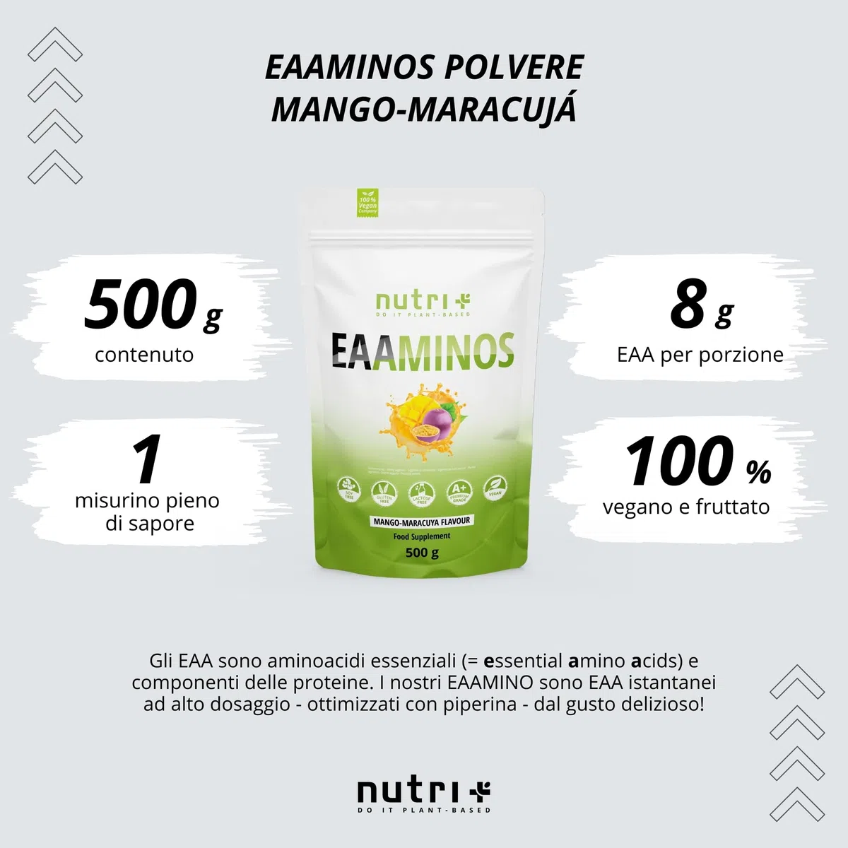 Nutri + EAA Vegani in Polvere Aminoacidi essenziali 500 g Plant based – Fermentazione vegetale – ideali pre intra post Workout - Mango & Passion Fruit