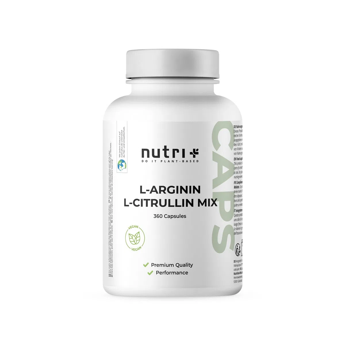 Nutri + Capsule Arginina Citrullina - 360 Capsule alto Dosaggio + vegane - 3000mg L-citrullina Malato + L-arginina Base - Bodybuilding - Qualità premium senza Magnesio Stearato o Additivi