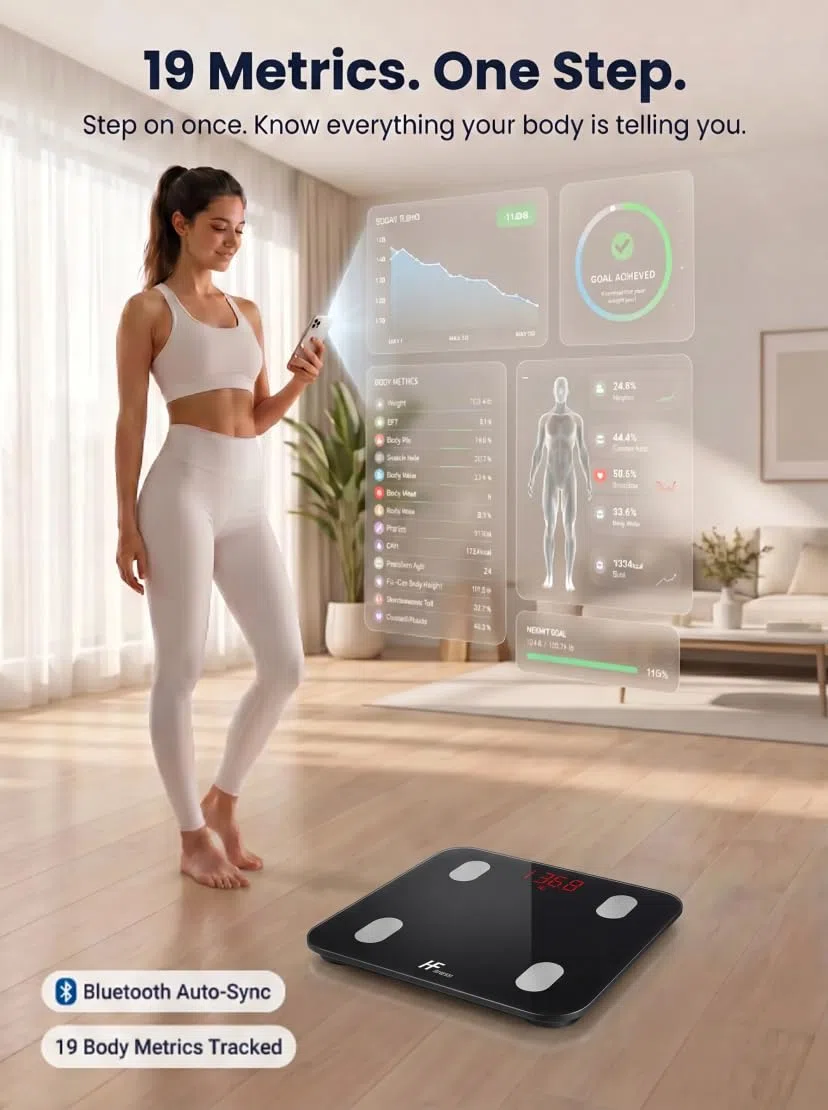HF Bilancia Pesapersone, con 19 indici di composizione corporea Professionale Impedenziometrica Bluetooth Digitale con App Misura Peso, Massa Grassa, BMI