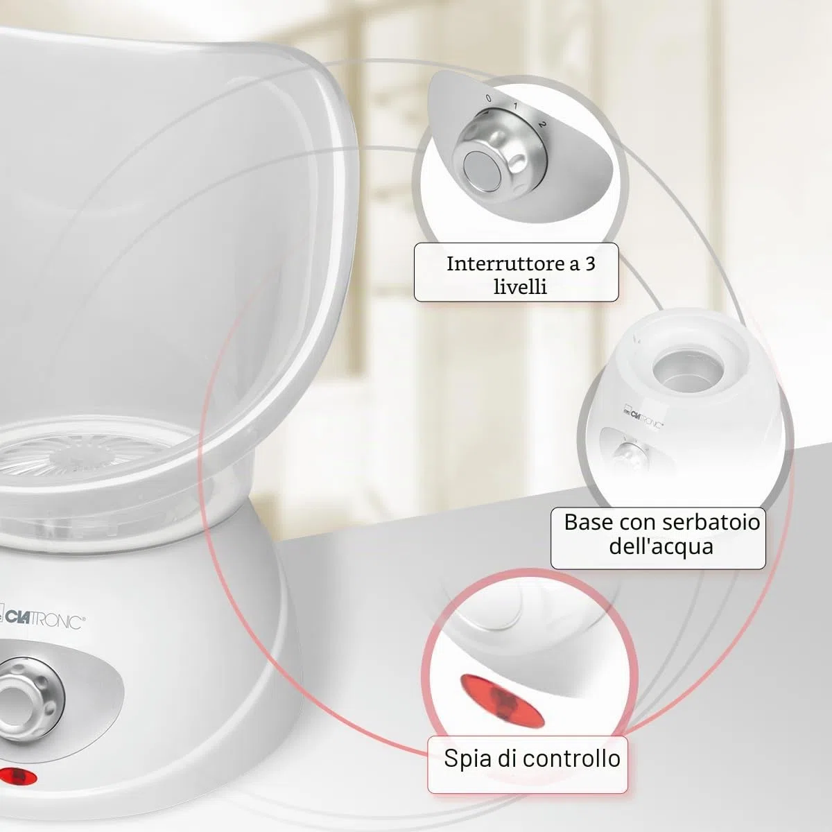 Clatronic GS 3656, inalatore per sauna facciale, inalatore, doccia nasale, rilassante con attacco aromatico, per bocca e naso, adatto per bambini, bianco», 130 watt