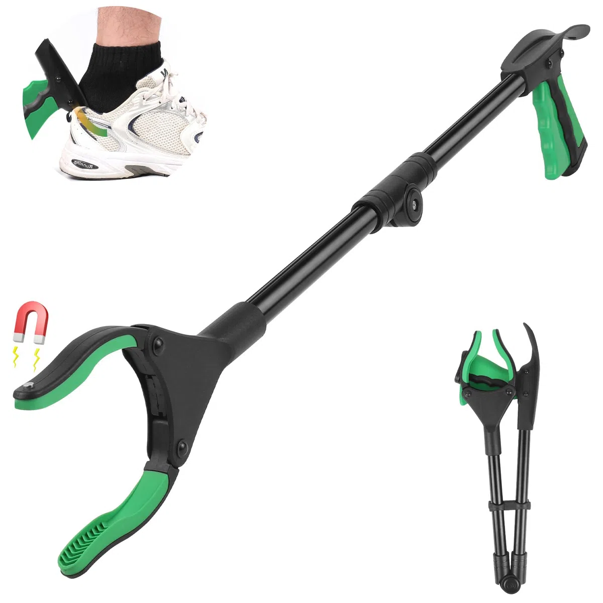 Pinza Raccogli Oggetti, 81cm Pinza Telescopica, Pieghevole Pinza Raccogli Rifiuti con Magnetica e Calzascarpe, Pinza Telescopica Prendi Oggetti, per Raccolta Dei Rifiuti, Verde