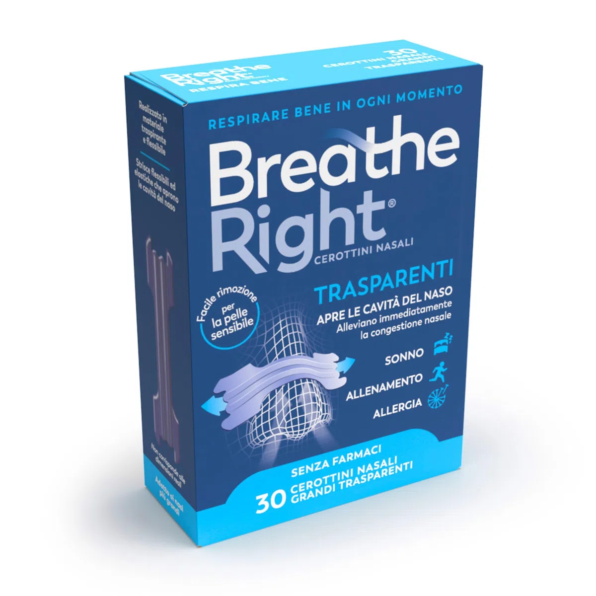 Breathe Right Cerottini Nasali Trasparenti Grandi - Strisce Nasali Invisibili per Respirazione Libera, Sollievo da Naso Chiuso & Russamento - Anche Per Pelli Sensibili - Confezione da 30 Pezzi