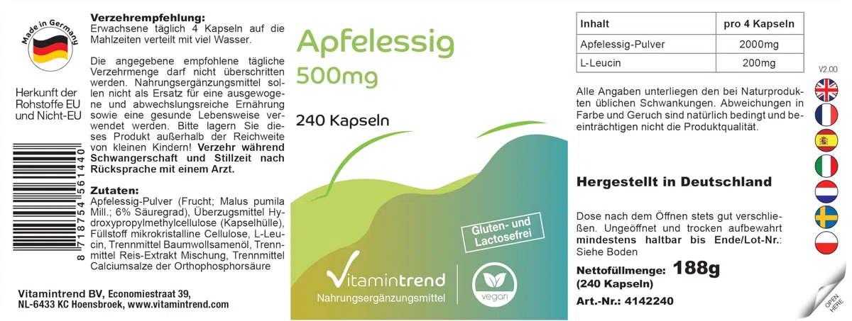Vitamintrend Aceto di mele 500 mg, 240 capsule, 2000 mg di polvere di aceto di mele per dose giornaliera, integratore alimentare vegano senza magnesio stearato, prodotto in Germania