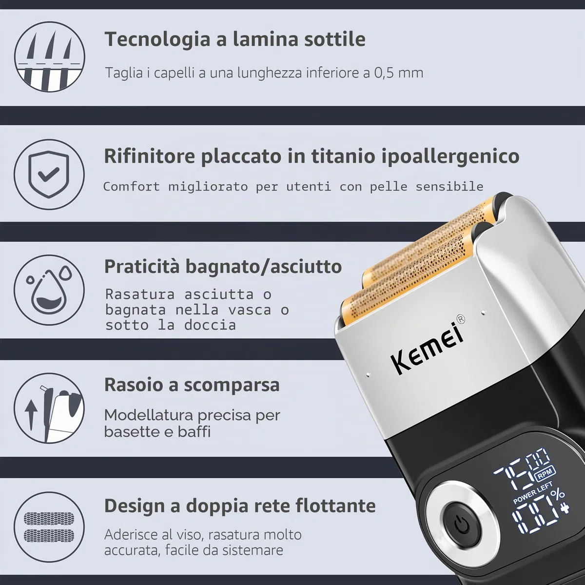 Kemei Rasoio elettrico a lamina per uomo con rifinitura della calvizie Rasoi elettrici senza filo con display a LED,Regali per la Festa Del Papà