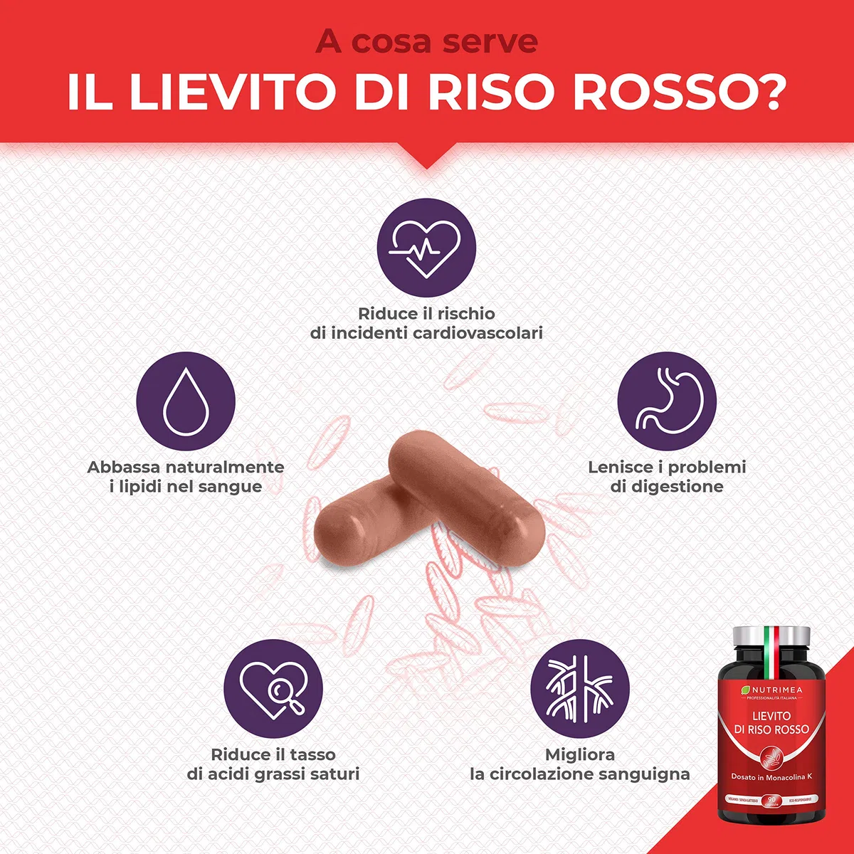 Lievito di Riso Rosso | Ricco di Coenzima Q10 | Con 2,8 mg di Monacolina K | 90 Capsule