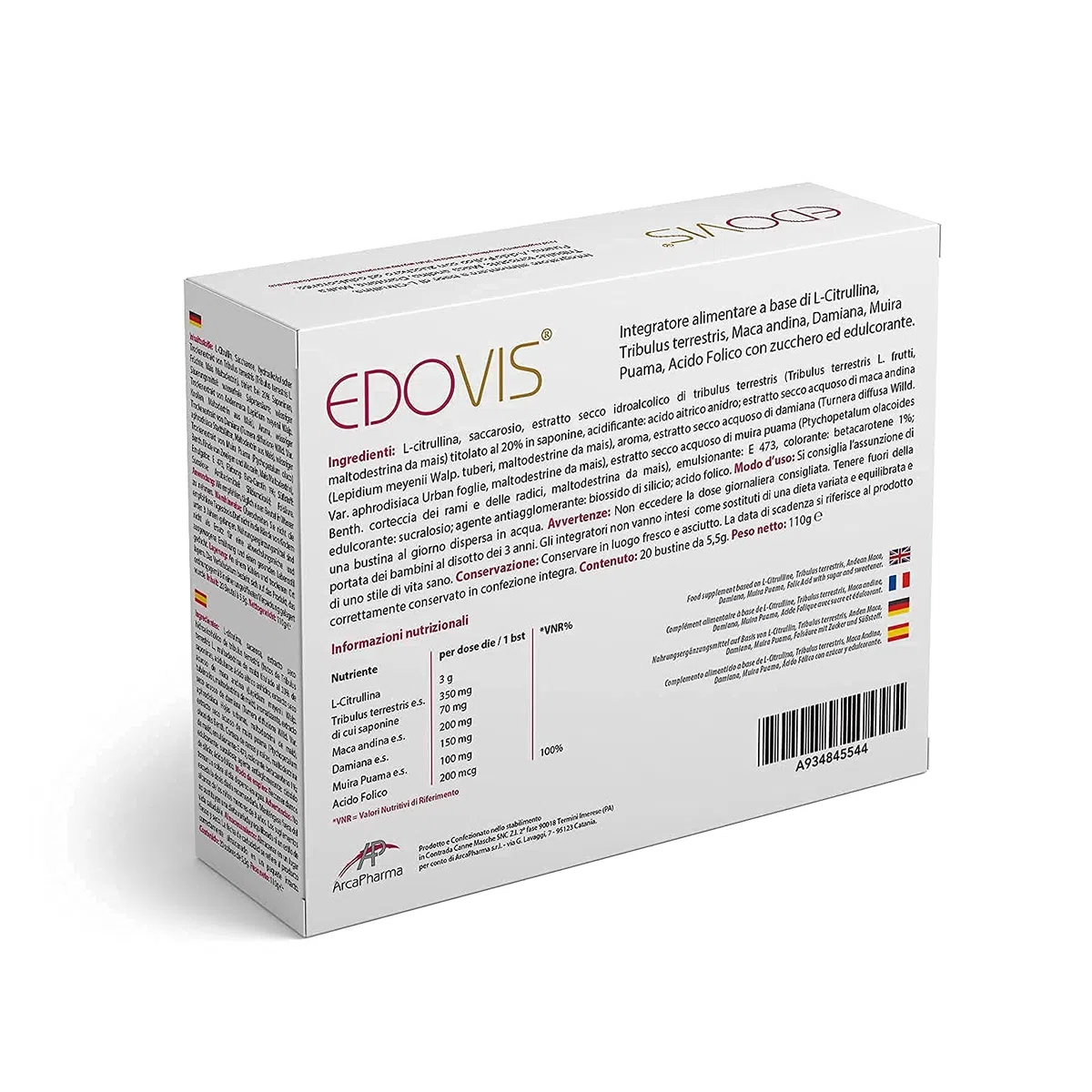 EDOVIS. Per il miglioramento delle prestazioni. Con una sola bustina al giorno. 100% Naturale. L Citrullina, Tribulus, Maca. 20 Bustine.