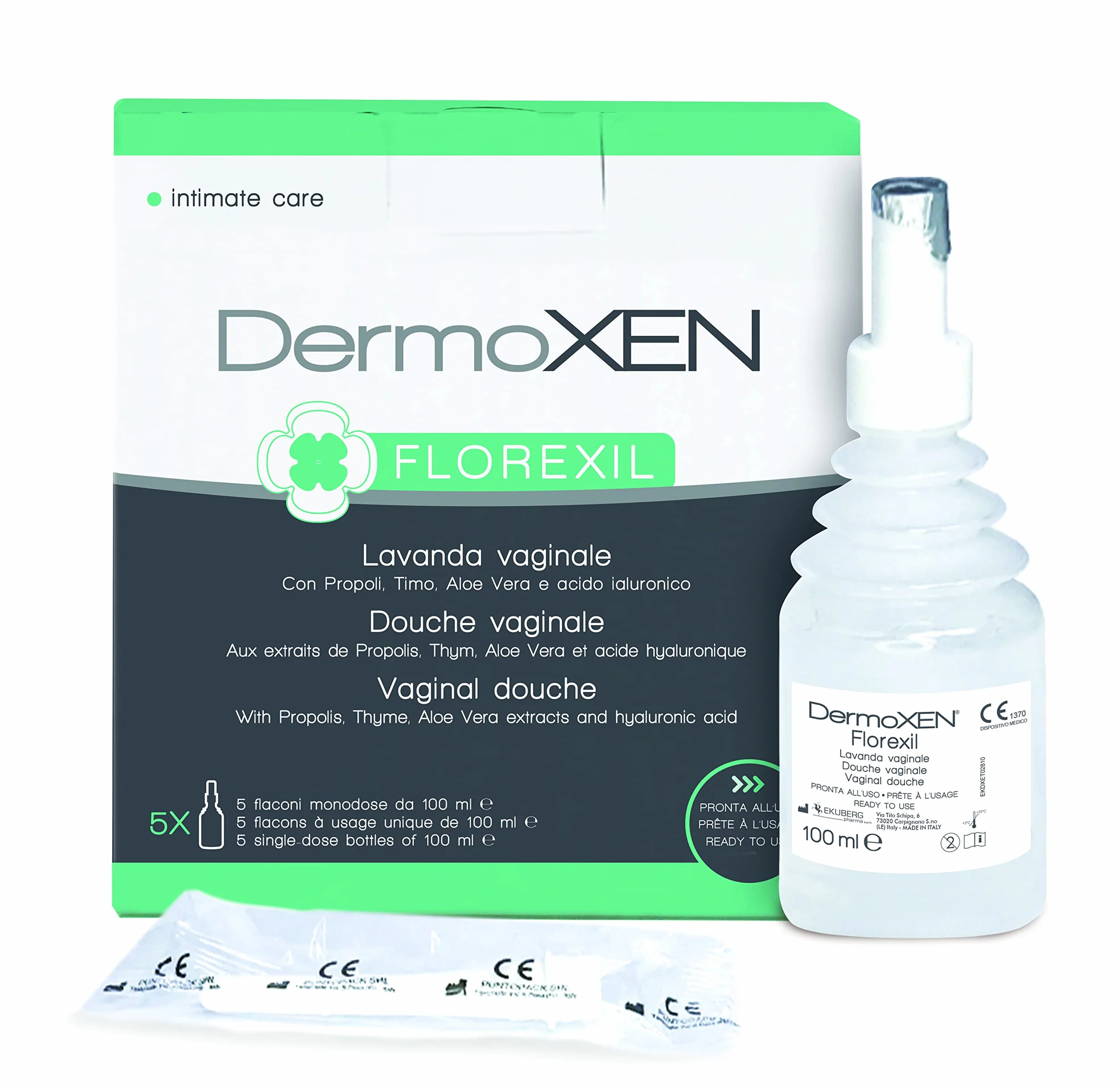 DERMOXEN Ducha Vaginal para la Vaginitis y Vaginosis | 5 Frascos de 100 ml. | Ideale contro vaginiti e infezioni batteriche. Con acido ialuronico, timo, aloe e prebiotici. Protezione sicura