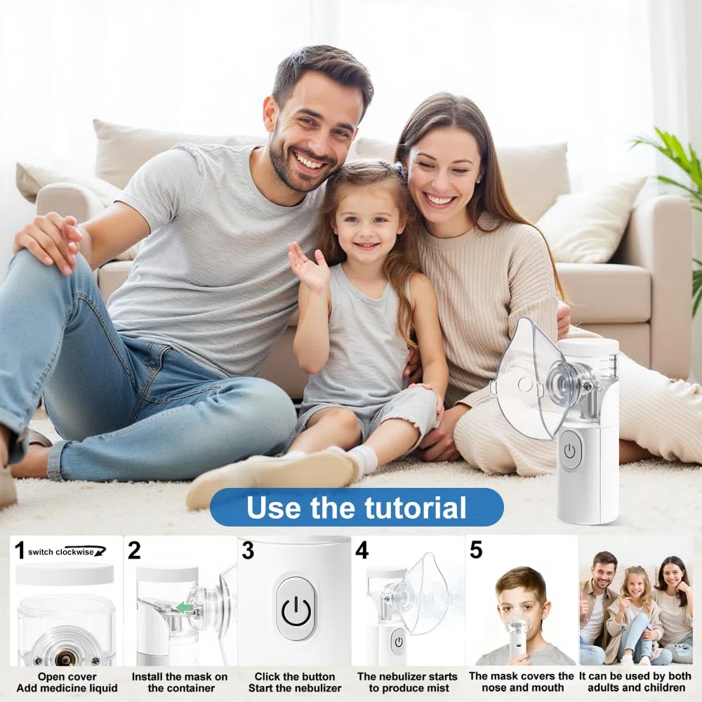 Aerosol portatile silenzioso, Aerosol bambini, Macchina aerosol adulti uso domestico è dotato di due maschere facciali e boccagli, Aereosol adatto per la casa e i viaggi（Bianco）