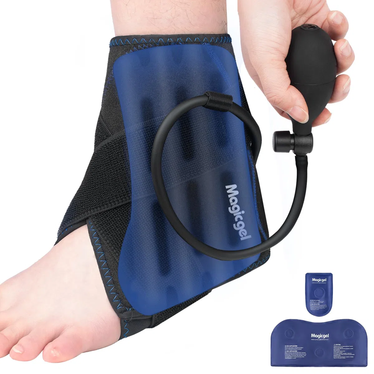 Magic Gel Cavigliera Ghiaccio a Compressione, Impacco Freddo Piede e Caviglia per Distorsioni, Gonfiore e Tendinite d’Achille, Terapia Caldo/Freddo con Pompa ad Aria e 2 Gel Rimovibili