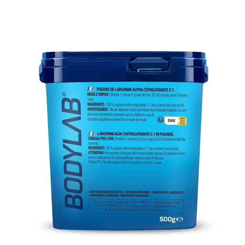 Bodylab24 AAKG Arginina Alfa Chetoglutarato 500 g di polvere in rapporto 2:1, integratore pre-allenamento, insapore, senza zucchero