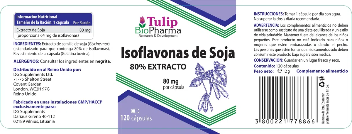 Tulip BioPharma Isoflavoni di Soia 80% | 120 Capsule | Scorta per 4 Mesi | Estratto Standardizzato ad Alta Concentrazione, Fitoestrogeni | Qualità Verificata