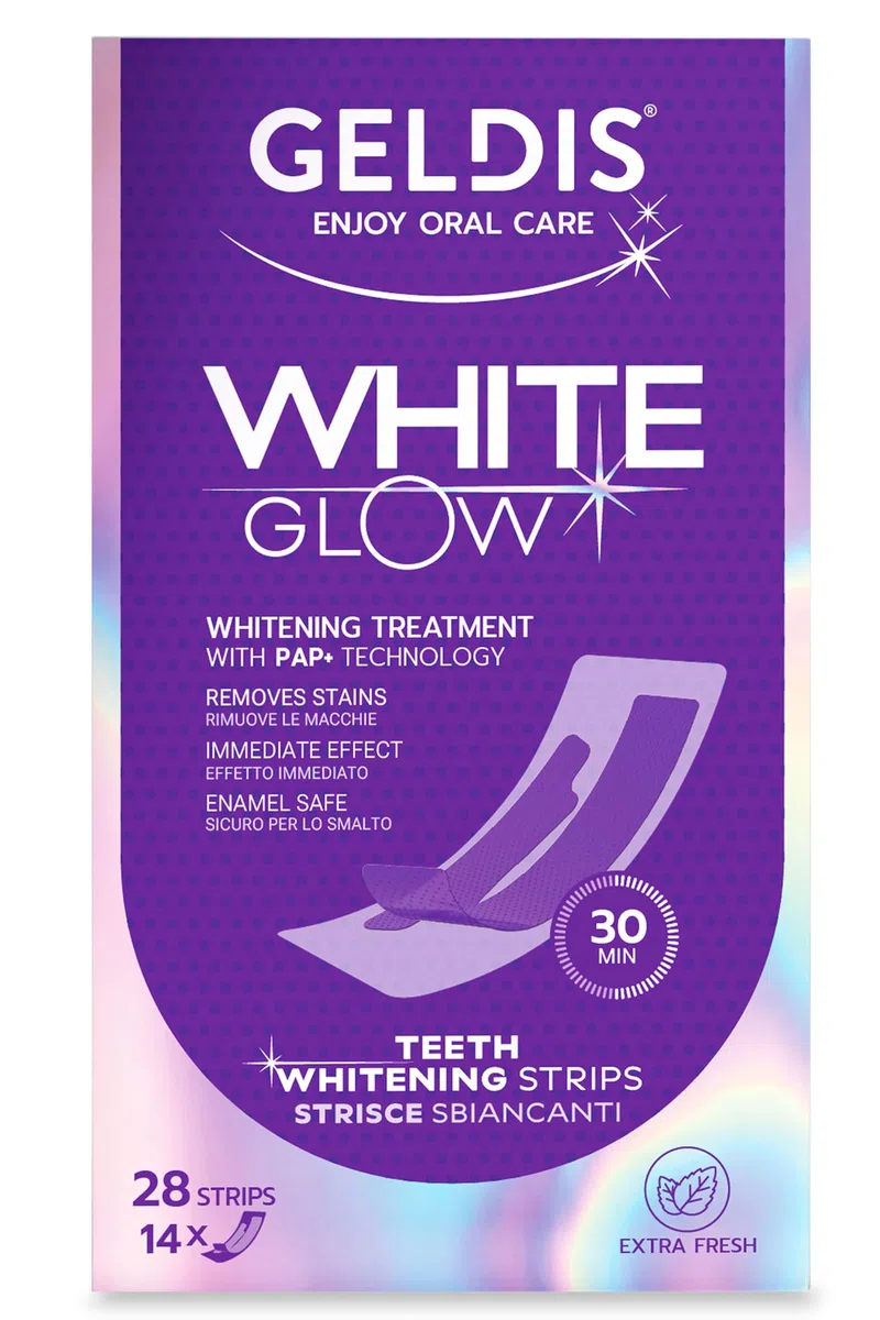 GELDIS Whitening Strips WHITEGlow, Striscie Sbianca Denti, 28 strisce per 14 giorni, Rimuove Macchie Superficiali, Delicate su Smalto e Gengive, Facili da Usare