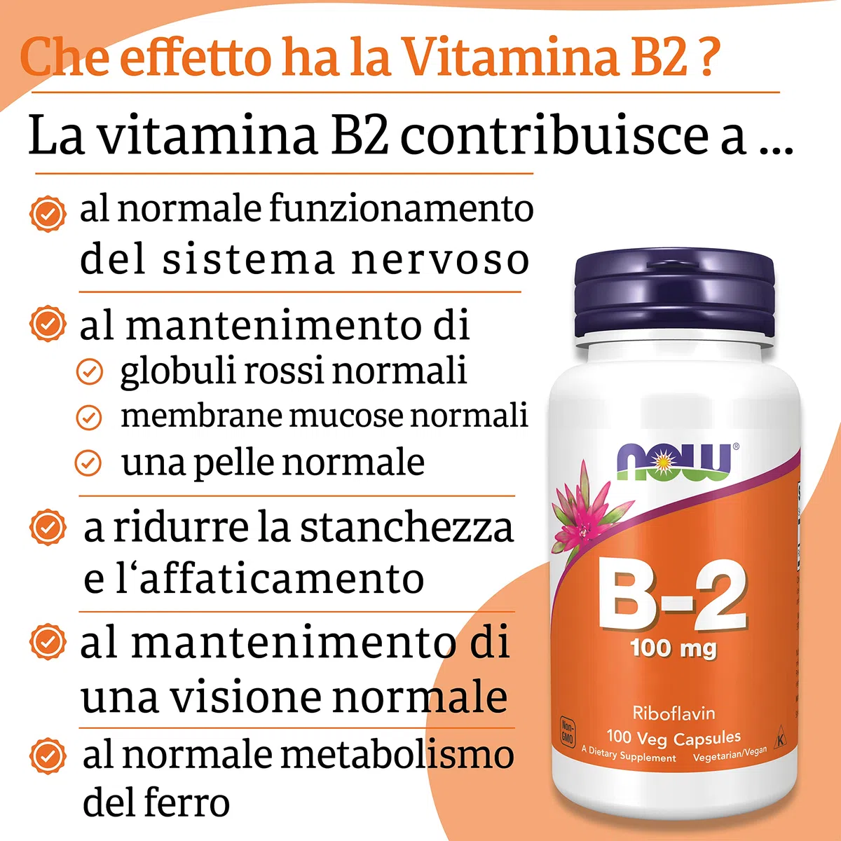 Now Foods Vitamin B2 (Riboflavina), 100mg, 100 capsule vegane, Testato in Laboratorio, Senza Glutine, Senza Soia, Vegetariano, non OGM