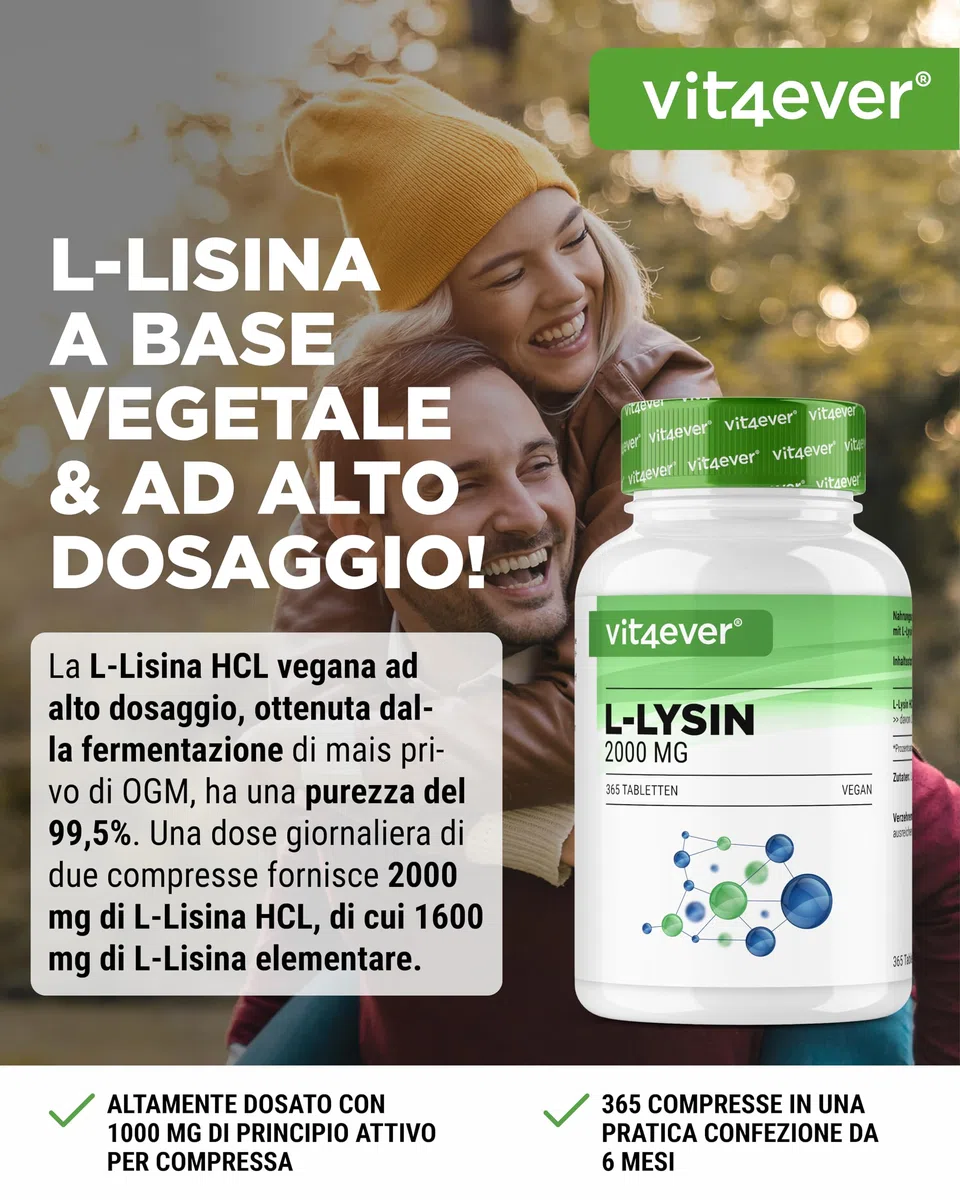 L-Lisina – 365 Compresse – Alto dosaggio con 2000 mg di L-Lisina HCL al giorno – Da fermentazione vegetale – Senza additivi indesiderati – Vegano