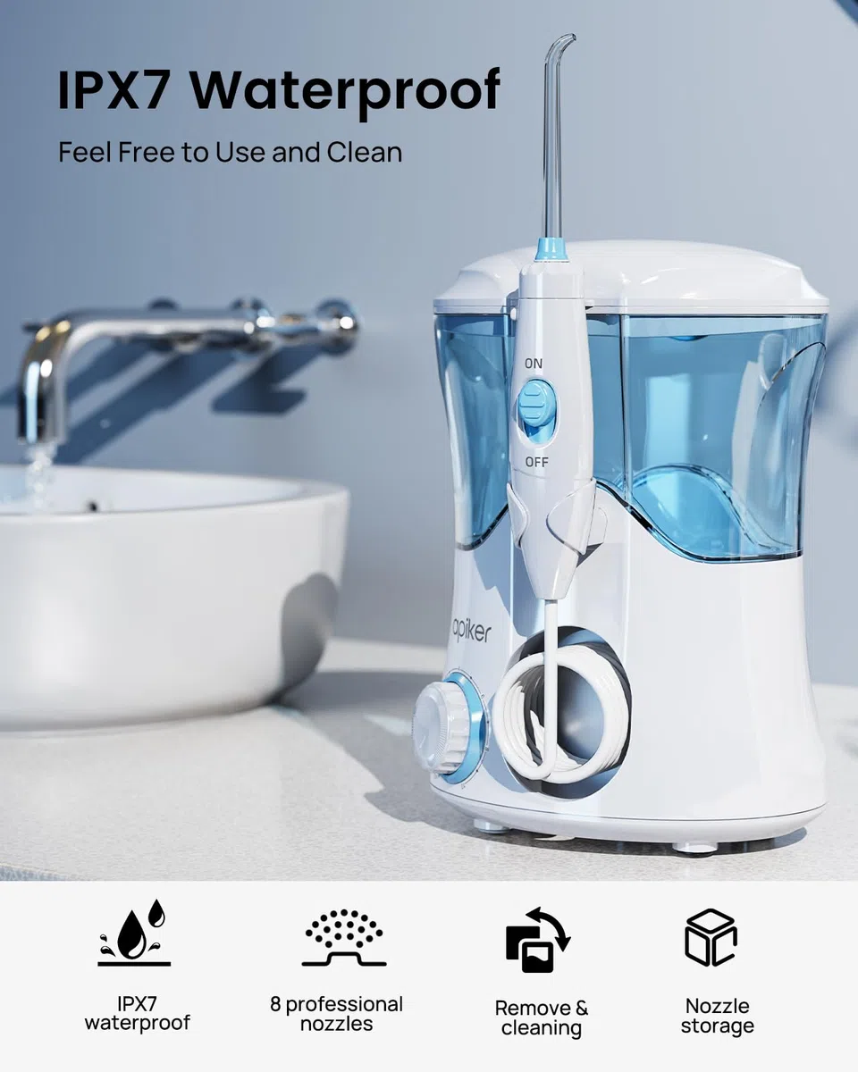 Apiker Idropulsore Dentale Professionale 600ml Irrigatore Dentale con 10 Impostazioni per Pressione dell’Acqua e 8 Beccucci Multifunzione Water Flosser IPX7 Cura Famiglia e Viaggi, Bianco