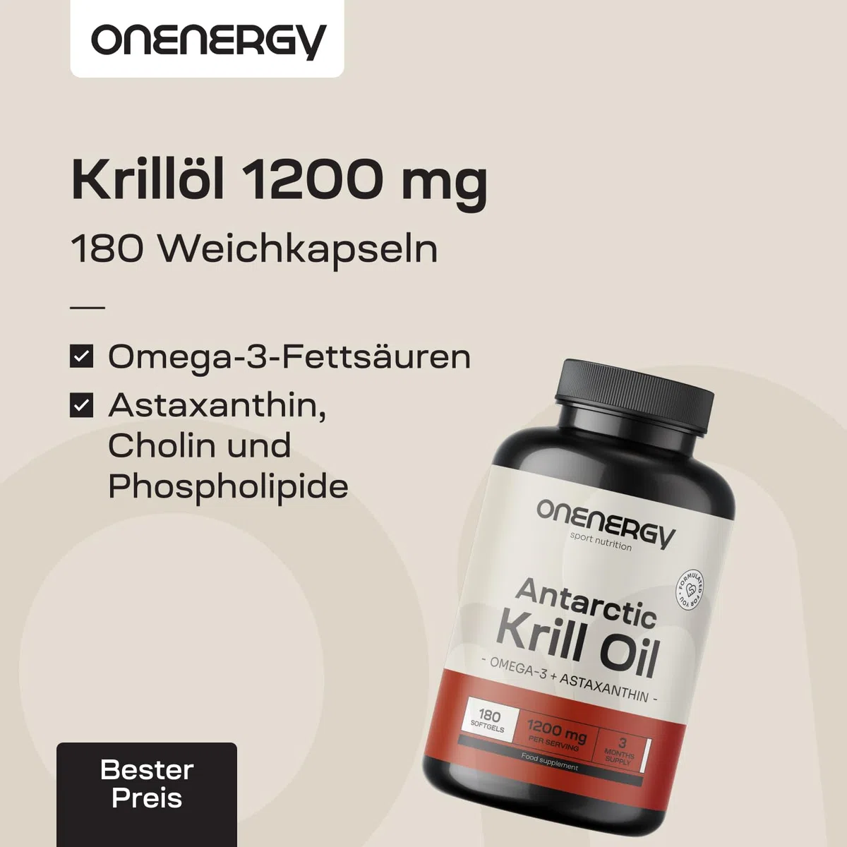Olio di Krill 1200 mg - Omega-3, Colina e Astaxantina - 180 Capsule Molli - Olio di Krill Antartico- Funzione Cardiaca e Epatica - Supporto al Metabolismo dei Grassi -Senza Glutine e Lattosio