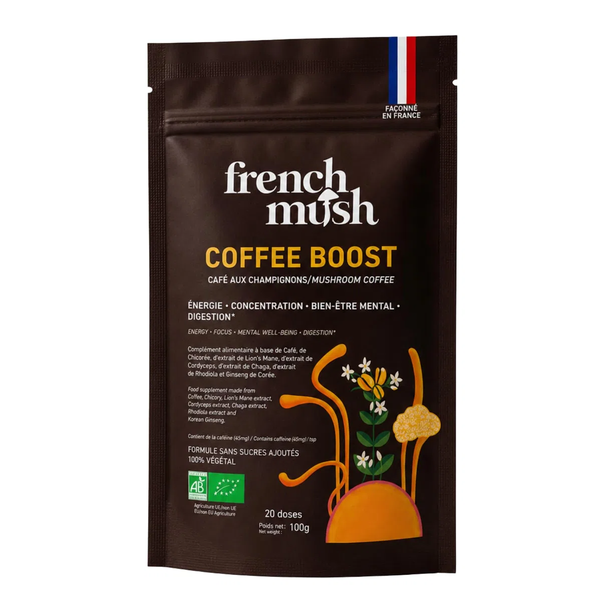 French Mush BOOST - Caffè Bio con Funghi | Caffè, Cicoria, Lion’s Mane, Chaga, Maitake & Pleurotus | Bevanda Vegetale - Senza Zuccheri Aggiunti - Prodotto in Francia - 20 Dosi