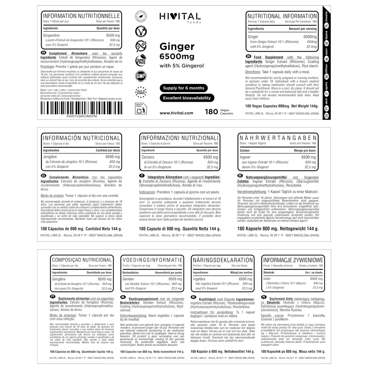 Zenzero 6500mg. 180 capsule vegane per 6 mesi di trattamento. Estratto Naturale di Zenzero al 5% di Gingeroli, fornendo 32,5mg per capsula. Prodotto in Europa da HIVITAL