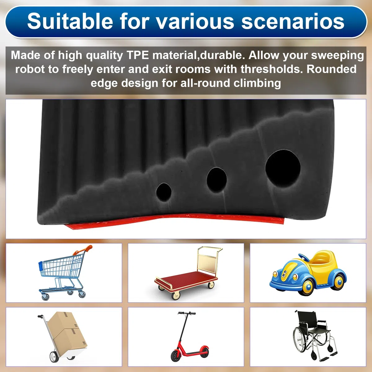 Rampa di Soglia per Porta in TPE, Altezza 3 cm, Carico Max 500 kg, Antiscivolo | per Sedie a Rotelle (Elettriche), Passeggini, Robot Aspirapolvere, Disabili | Design Resistente (Nero, 100x7x3cm)