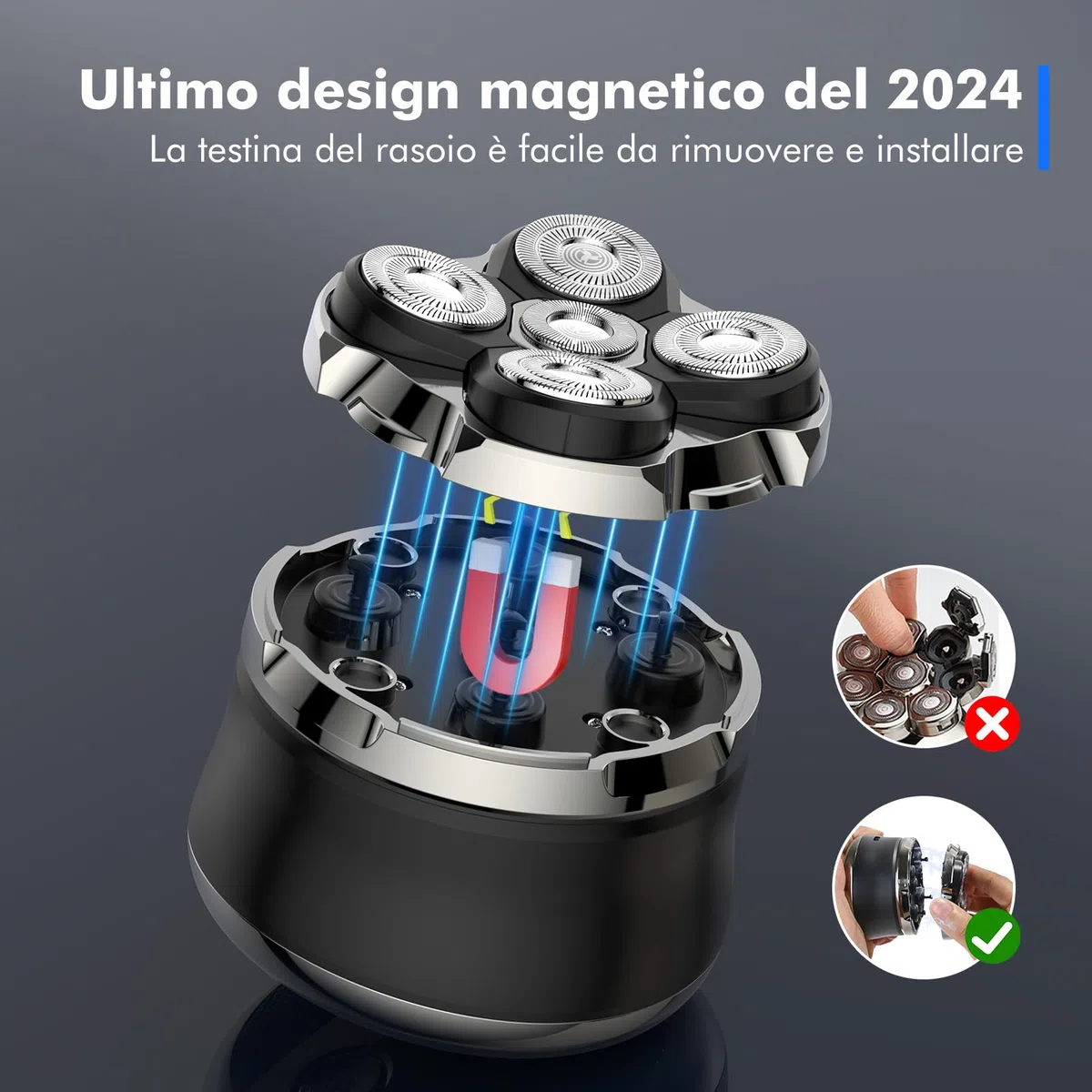 Rasoio Testa Calva, Rasoio Elettrico Barba, 5D Rasoio Capelli Uomo Testa con Rasoio Testa Magnetiche, Wet & Dry 100% Lavabile, USB Ricaricabile Senza Fili MOJO 1 2K