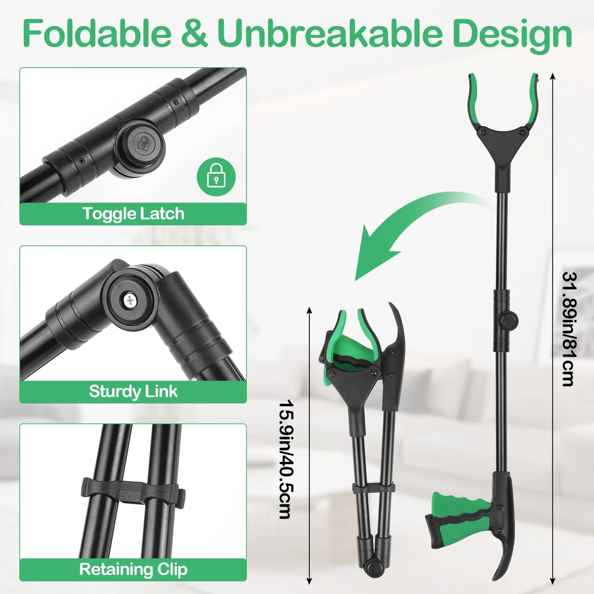Pinza Raccogli Oggetti, 81cm Pinza Telescopica, Pieghevole Pinza Raccogli Rifiuti con Magnetica e Calzascarpe, Pinza Telescopica Prendi Oggetti, per Raccolta Dei Rifiuti, Verde