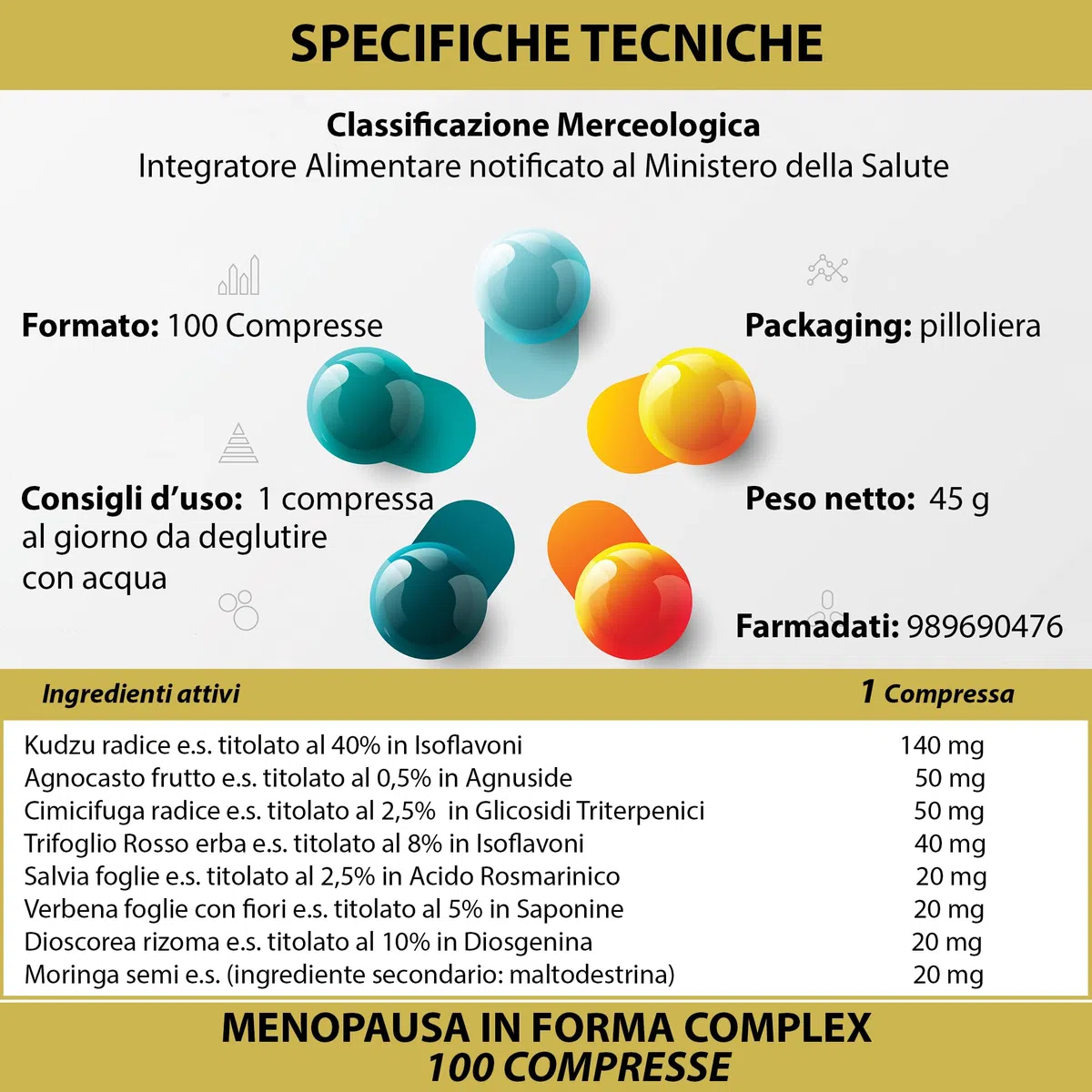 Kudzu e Trifoglio Rosso Ricchi in Isoflavoni, con Cimicifuga, Agnocasto, Moringa, Salvia, Dioscorea, Verbena | Menopausa In Forma Complex 100 Compresse | Controllo del Peso e Rilassamento | Vampate